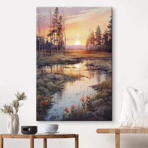 Canvas Schilderijen Aquarel van een rivier met bomen en een zonsondergang