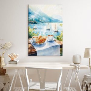 Canvas Schilderijen Aquarel van een tafel met koffie en croissants erop