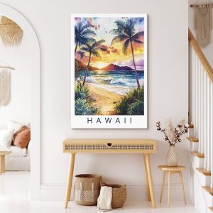 Canvas Schilderijen Aquarel van een strand met palmbomen en golven