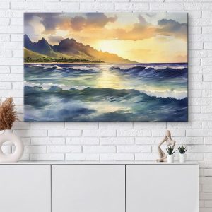 Canvas Schilderijen Aquarel van golven en bergen op de achtergrond