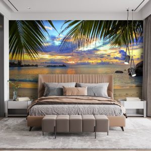 Fotobehang Strand met palmbomen en water