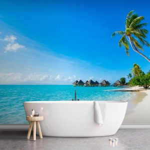 Fotobehang Strand met palmbomen en hutjes